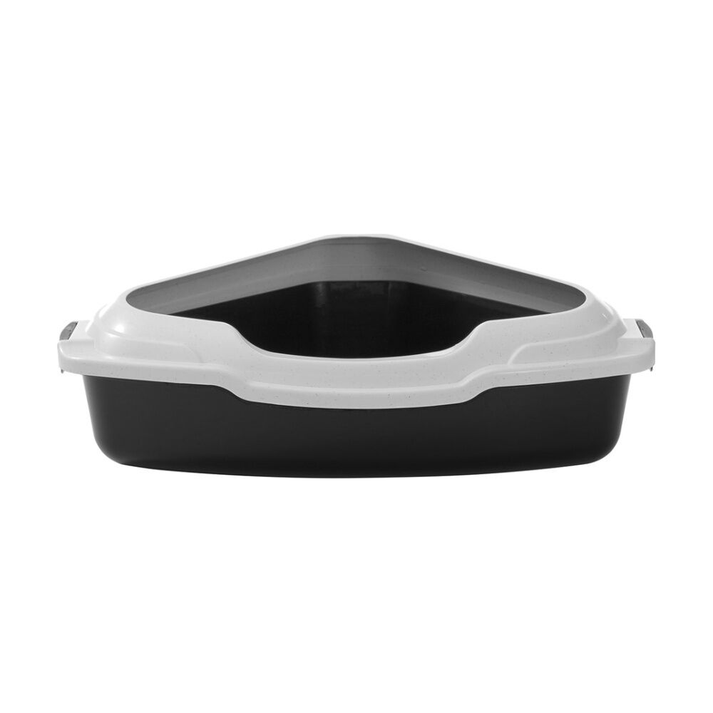 Paws and Claws Pounce Corner Litter Tray Rim - Durable Plastic Cat Litter Box With Raised Edge And Handles - 56x43x14cm - Black Base White Rim. — image 3