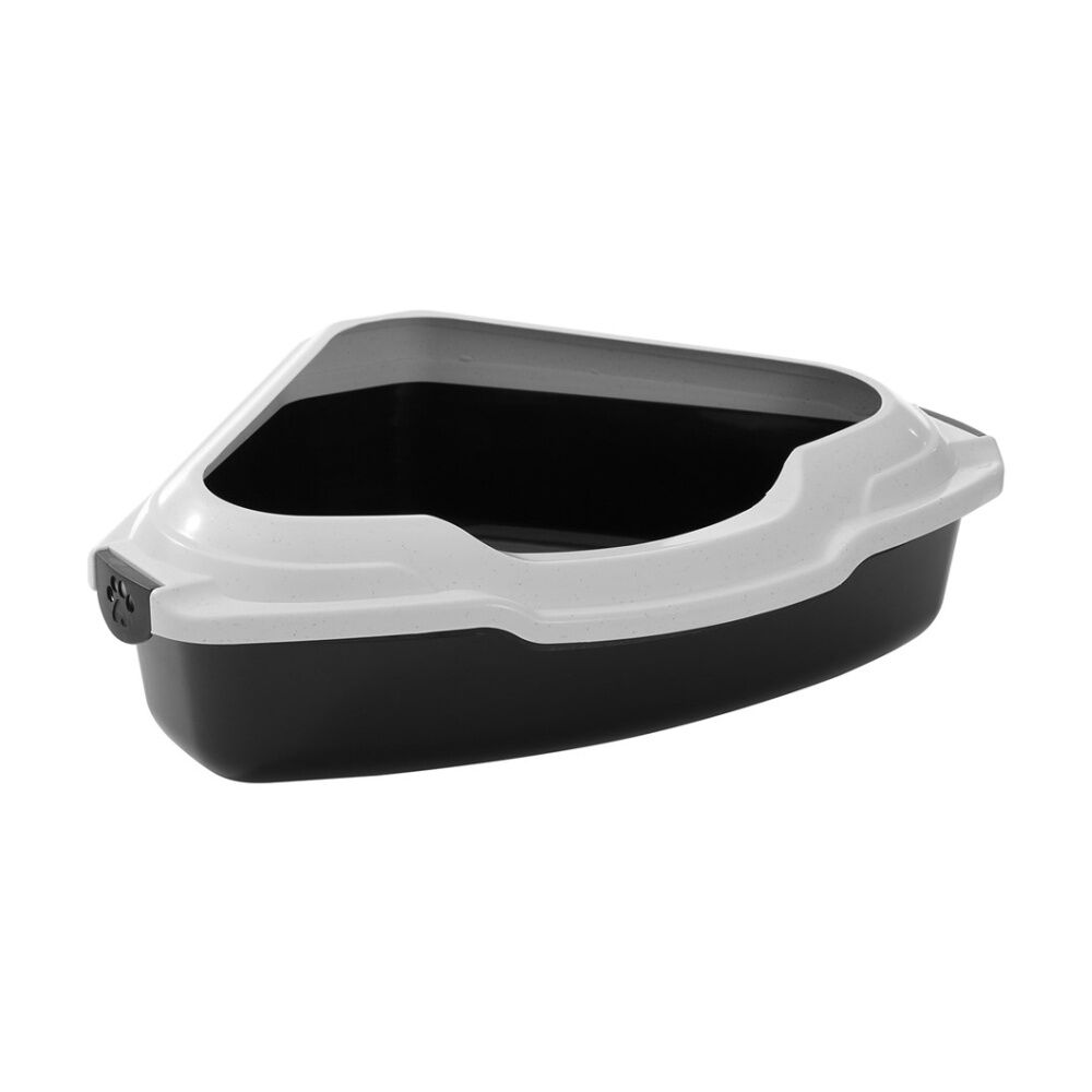 Paws and Claws Pounce Corner Litter Tray Rim - Durable Plastic Cat Litter Box With Raised Edge And Handles - 56x43x14cm - Black Base White Rim. — image 4