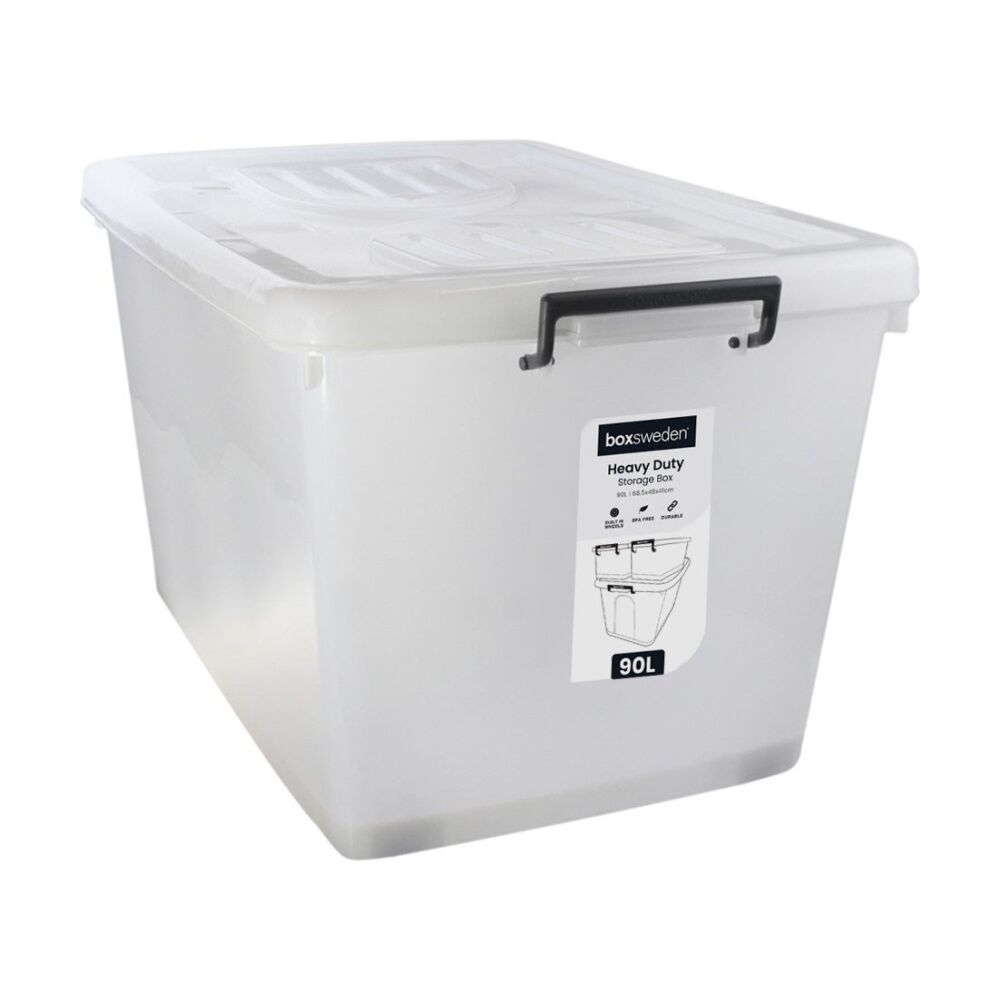 Boxsweden 90L Clear Heavy Duty Organisation Storage Box w/ Wheels