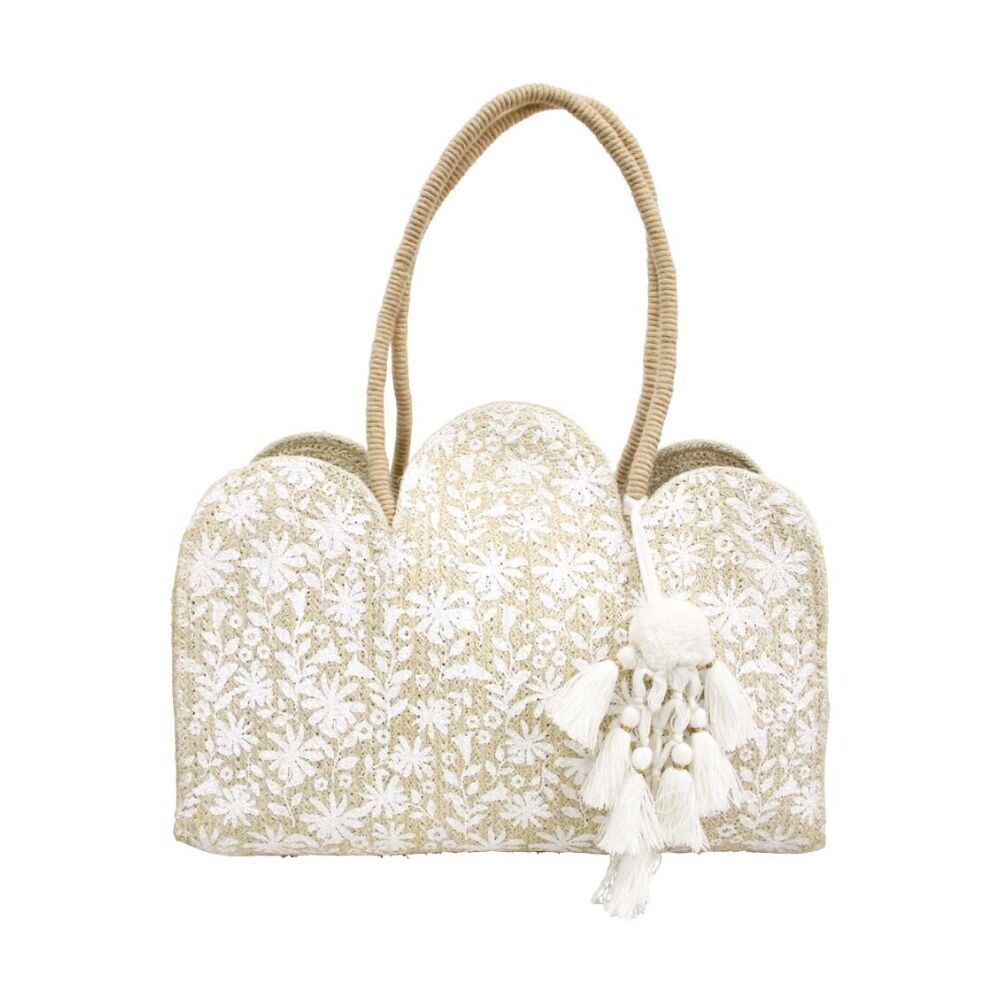 LVD 40x13x30cm Womens White Flower Printed Anglaise Jute Scallop Handbag
