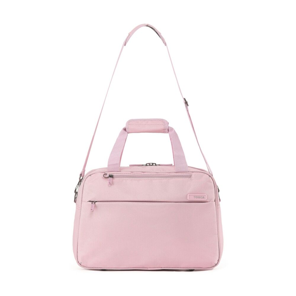 Tosca So Lite Onboard Tote Blush Pink Fabric Duffle Bag With Two Carrying Handles Adjustable Shoulder Strap Front Zippered Pocket Durable Material