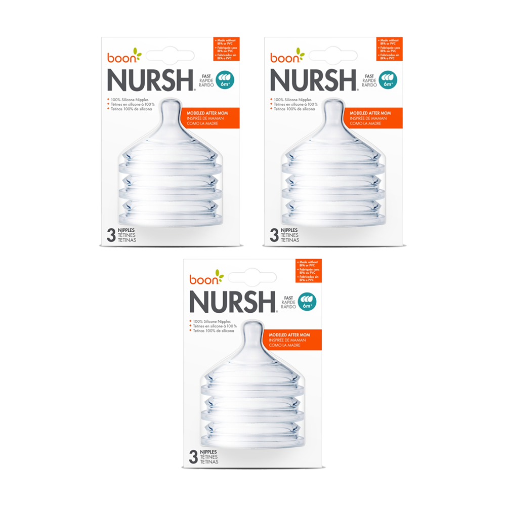 Boon 3pc Boon Nursh Fast Flow Air Free Feeding Silicone Nipples Teet 6m+ (3 Pack)
