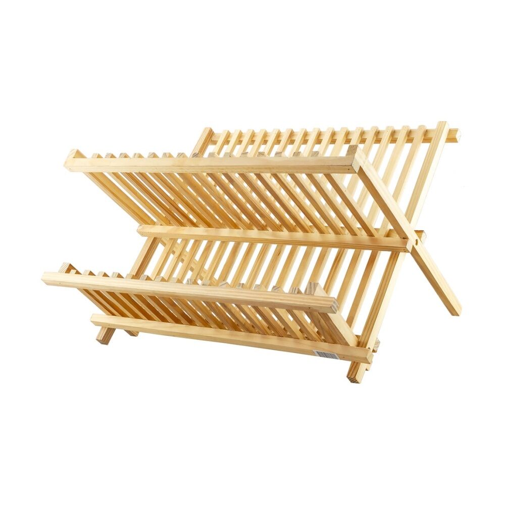 G&S Wooden Dish Rack Natural Wood Kitchen Drying Organiser Set 42cm G&S