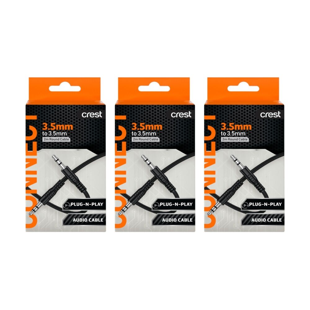 Crest 3.5mm Male-To-Male Audio Cable Aux Port Compatible Flexible PU 2m (3 Pack)