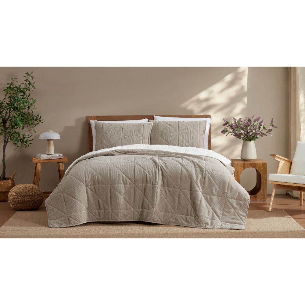 Ardor Ridge Coverlet Set Quilted Corduroy Sherpa Bedding Beige Queen/King (3 Pieces)