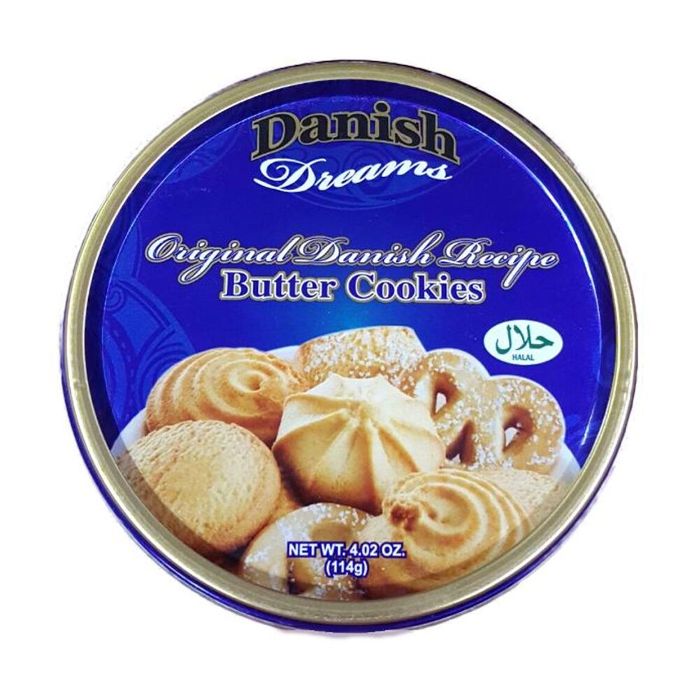 Danish Dreams Original Butter Cookies 114g - Authentic Danish Recipe - Halal Certified - Sealed Round Tin Packaging For Freshness - Sweet Biscuits -