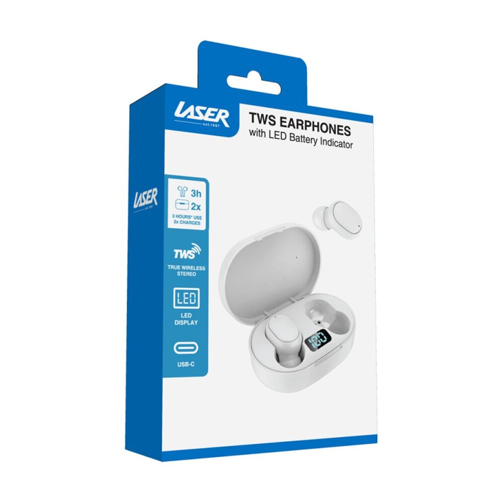 Laser White True Wireless In-Ear Earphones LED Display Bluetooth Stereo