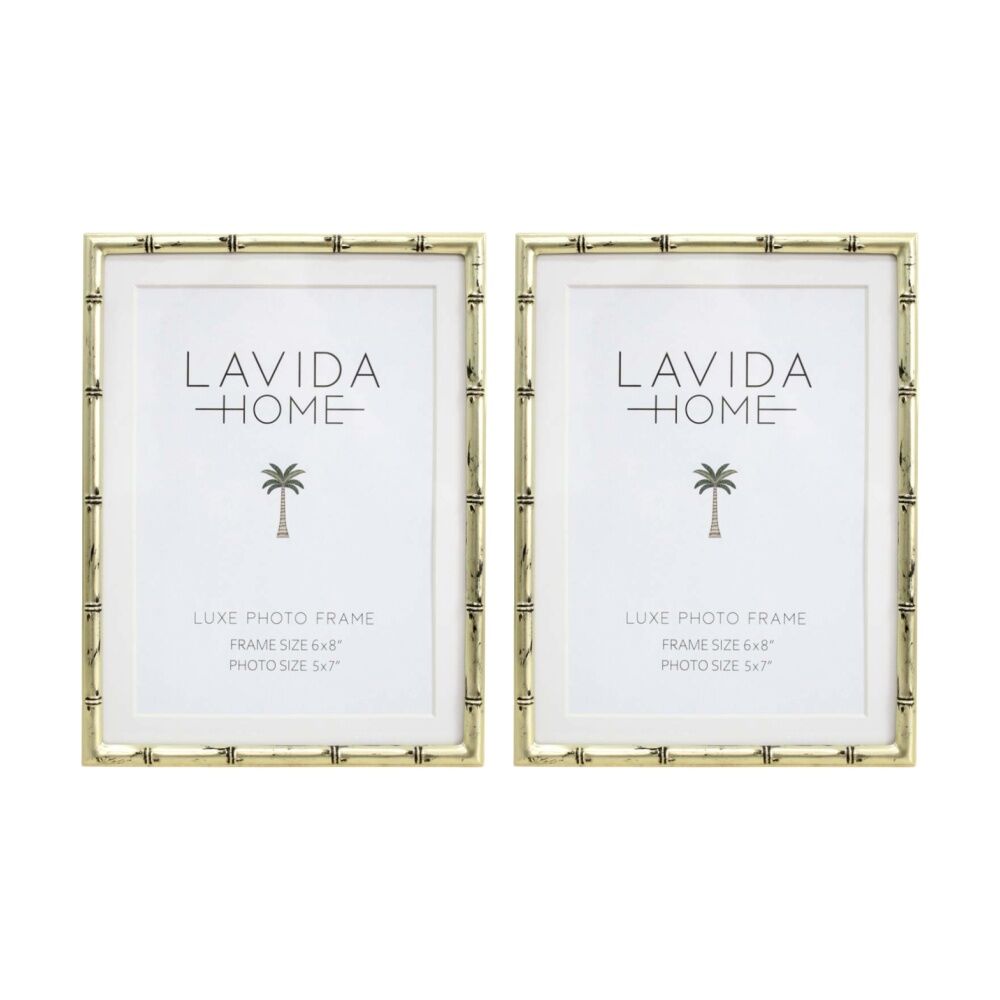 LVD Luxe 6x8 Gold Bamboo Iron/ Glass Photo Frame Home Decor 20x15x1.5cm (2 Pack)