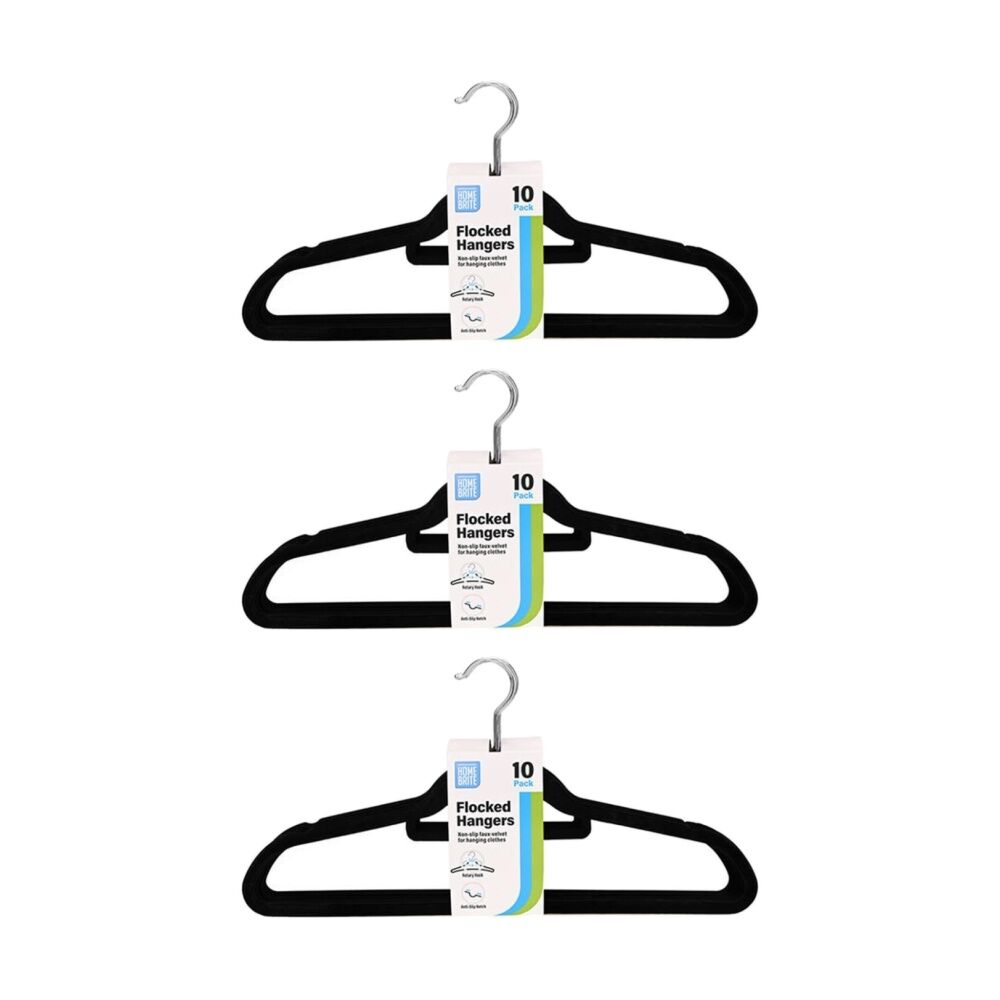 Braz 10pc Braz Velvet Non-Slip Clothes Hangers w/ Metal Hook Adult Black (3 Pack)