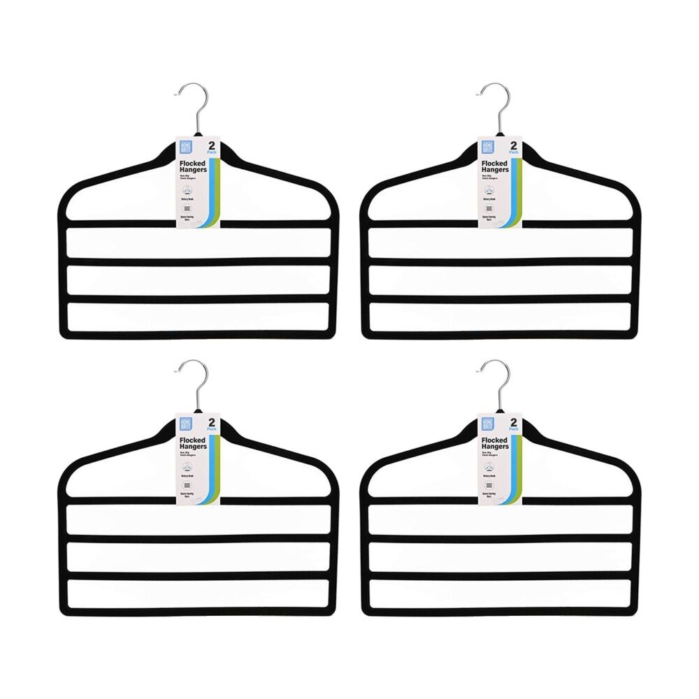 Braz 2pc Braz Flocked Pants Multi Bar Hanger w/ Metal Hook Black (4 Pack)