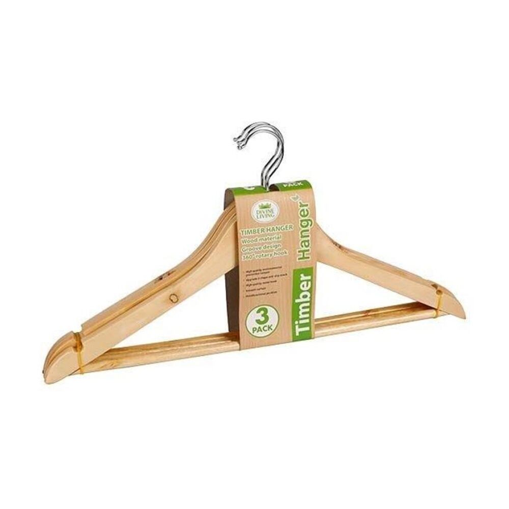 Braz Clothes Hangers Grooved w/ 360 Degree Rotary Hook Timber (3 Pieces)