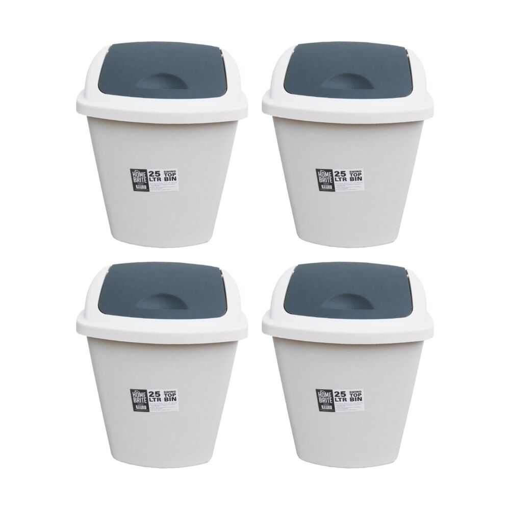 Braz Home Or Office Rubbish Bin Swing Top w/ Grey Lid 25L White (4 Pack)