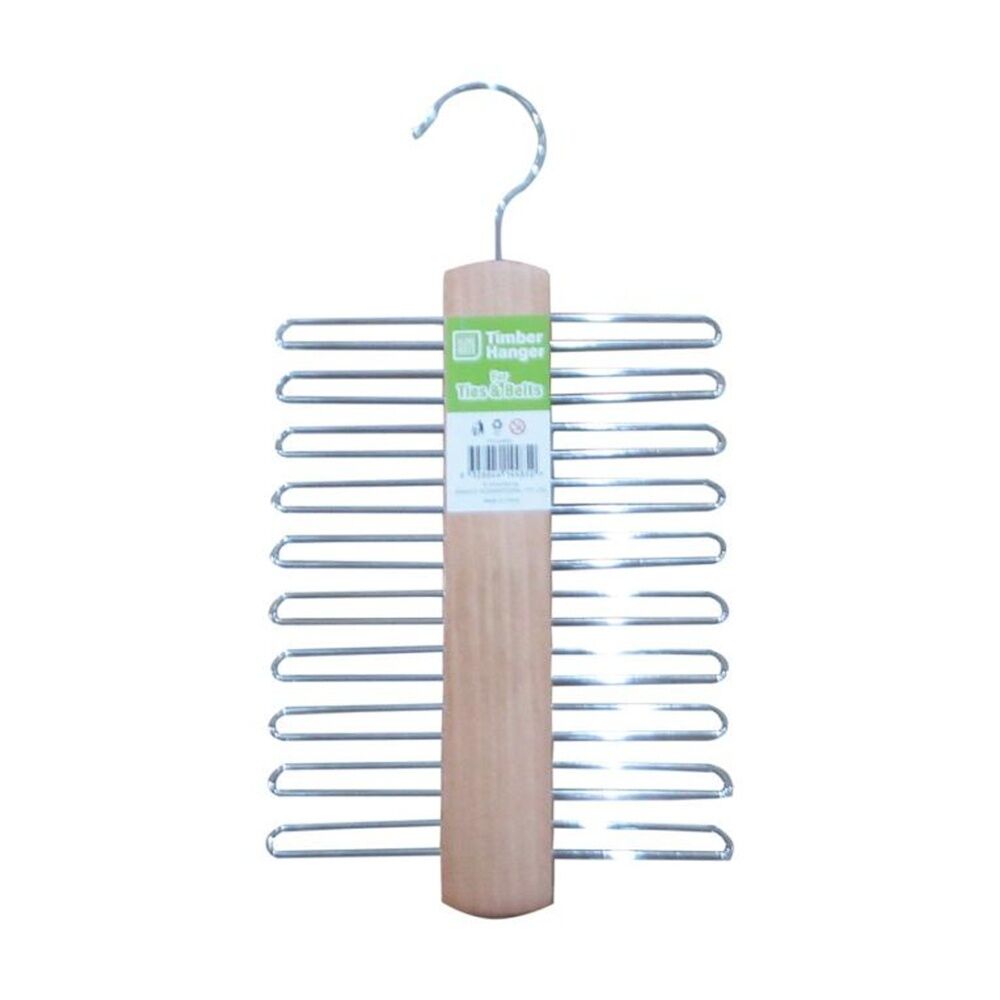 Braz Timber Tie Belt Organiser Hanger w/ Metal Tines & Hook
