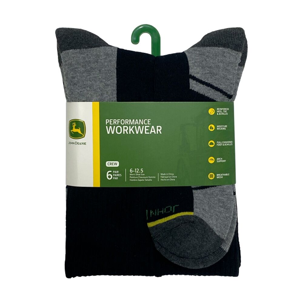 John Deere Crew Performance Socks (Size 10-13) Mens (6 Pieces) — Black