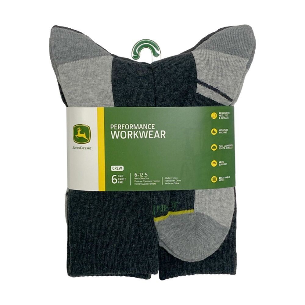 John Deere Crew Performance Socks (Size 10-13) Mens (6 Pieces) — Grey
