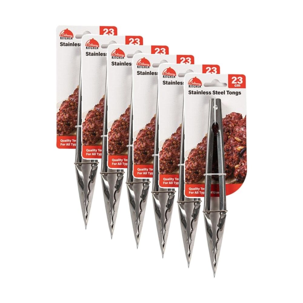 Culinary Kitchen Stainless Steel Tongs Cooking Utensil 23cm Silver (6 Pack)