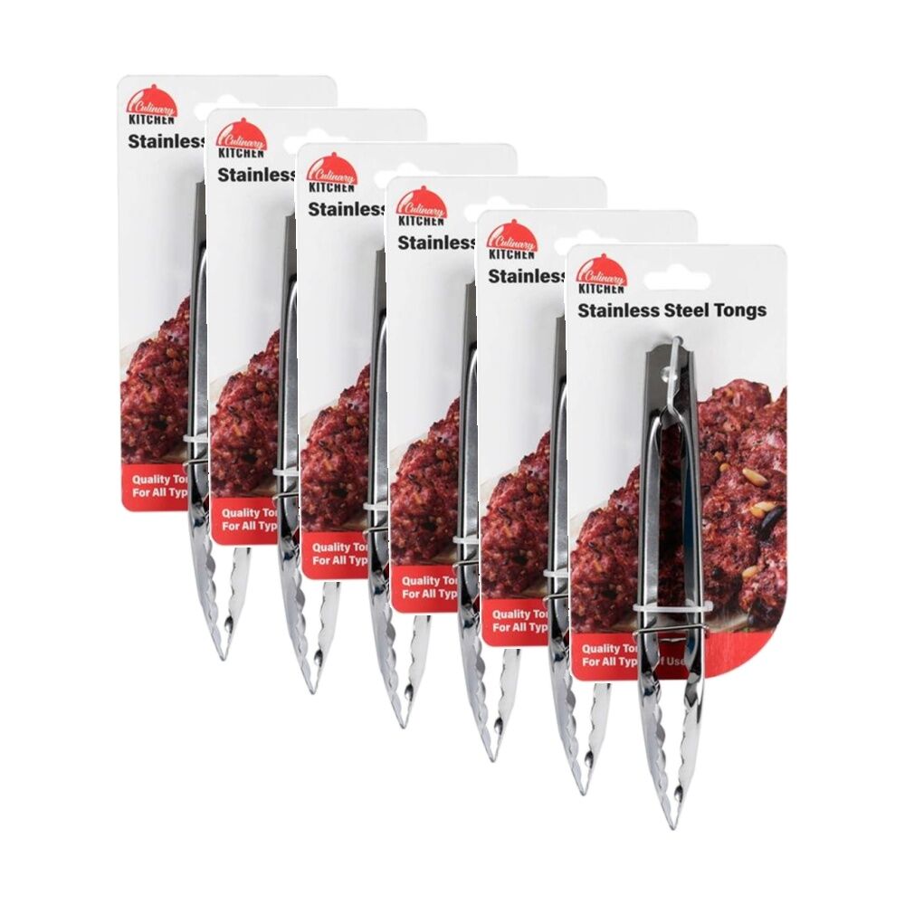 Culinary Kitchen Stainless Steel Tongs Cooking Utensil 17cm Silver (6 Pack)