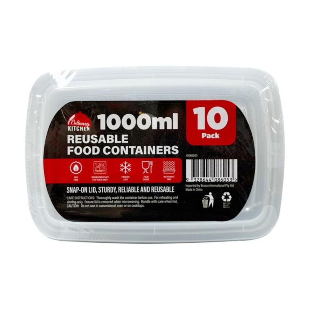Braz Reusable Microwave Safe Food Prep Storage Containers 1000ml Clear (10 Pieces) — image 2