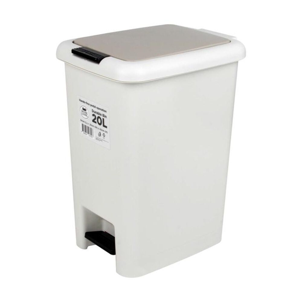 Braz 20L White Pedal Top Foot Operated Plastic Bin /W Beige Lid