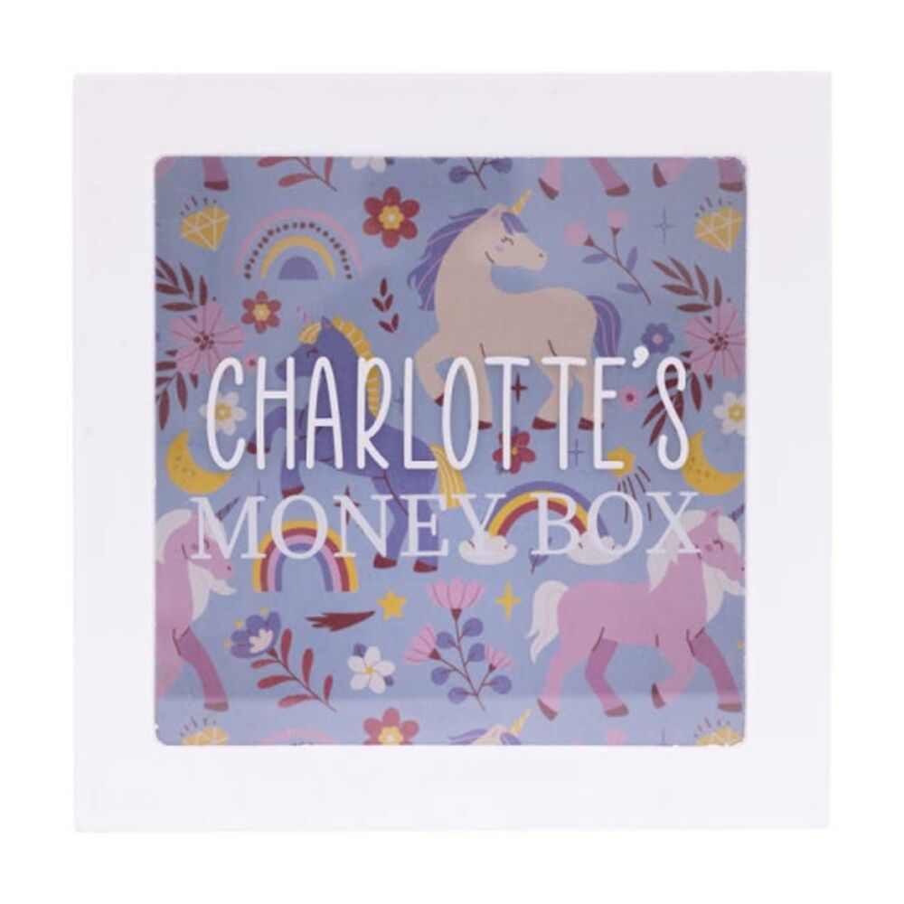 Splosh Kids Money Box Charlotte - Clear Acrylic Window Shows Savings - Removable Back Panel For Easy Emptying - 13x5x13cm - White Blue Unicorn Print — image 2