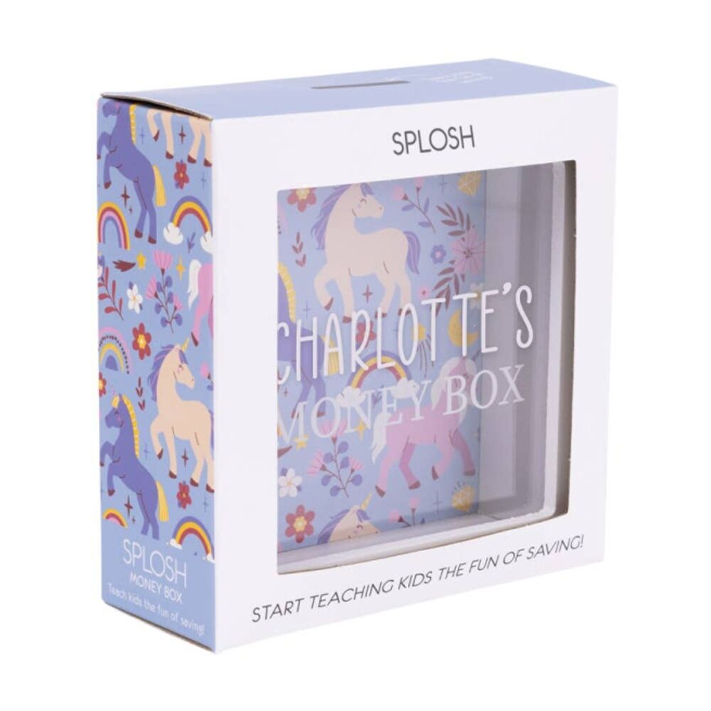 Splosh Kids Money Box Charlotte - Clear Acrylic Window Shows Savings - Removable Back Panel For Easy Emptying - 13x5x13cm - White Blue Unicorn Print — image 3