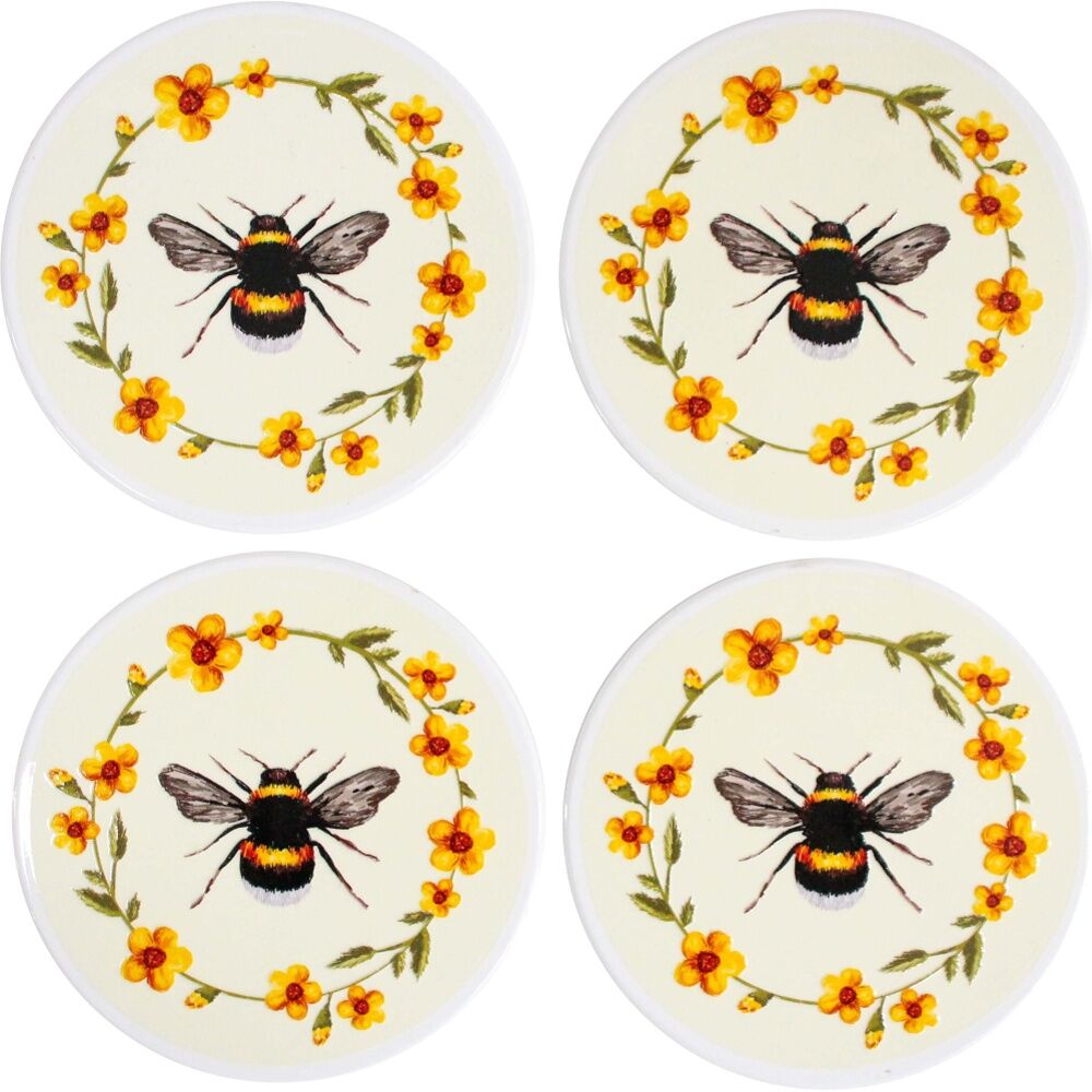 LVD Decorative Bee Country Ceramic Round Drink Coasters Home Decor 10x10cm (4 Pieces)