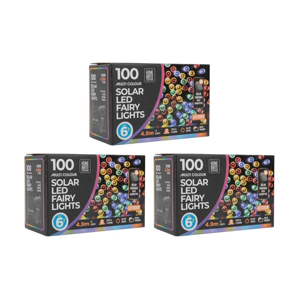 Home Brite 100pc Home Brite Outdoor LED Solar Fairy String Lights 4.9M Multi Colour (3 Pack)