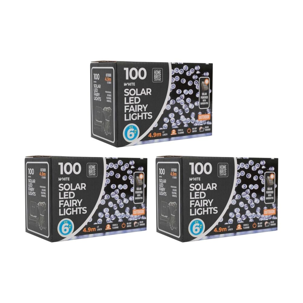 Home Brite 100pc Home Brite Outdoor LED Solar Fairy String Lights 4.9 Metres White (3 Pack)