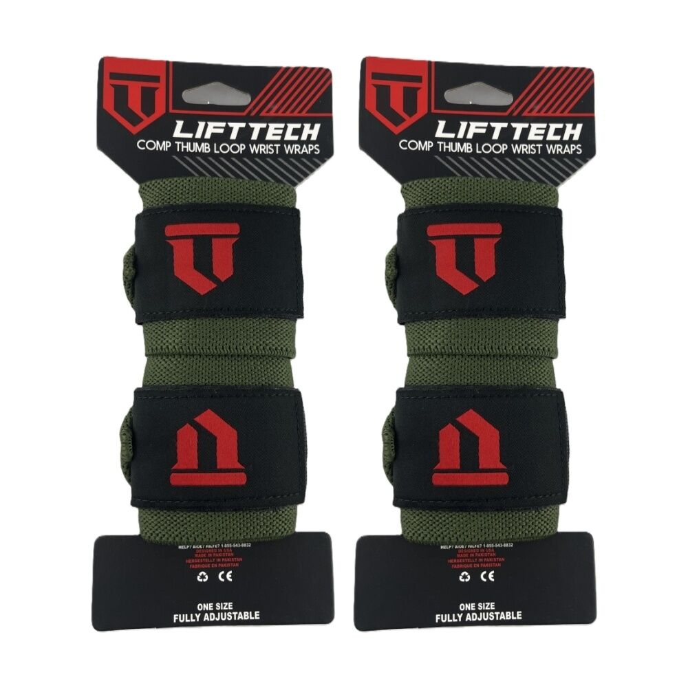 Lift-Tech 2pc Lift-Tech Comp Elastic Support Wrist Wrap Army Green 18in w/ Thumb Loop (2 Pack)