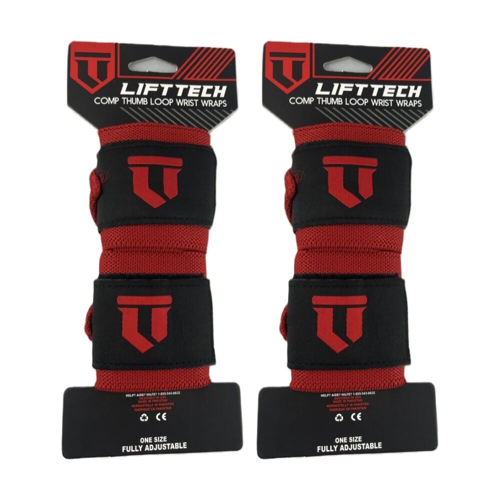 Lift-Tech 2pc Lift-Tech Comp Elastic Support Wrist Wrap Red 18in w/ Thumb Loop (2 Pack)