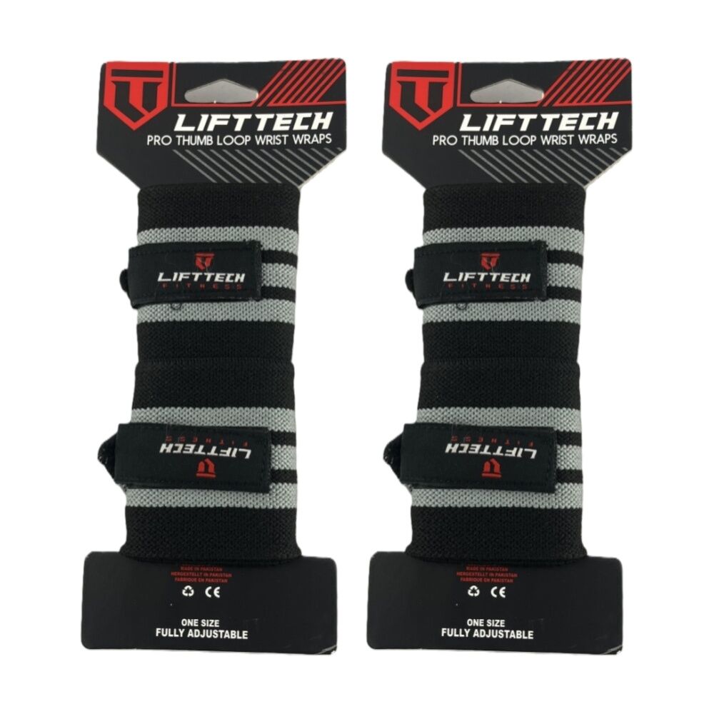 Lift-Tech 2pc Lift-Tech Pro Thumb Loop Wrist Support Adjustable Wrap Black Stripes 20in (2 Pack)