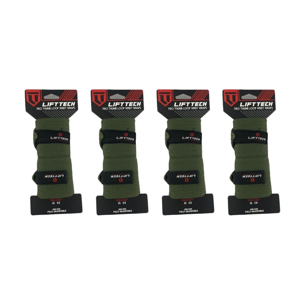 Lift-Tech 2pc Lift-Tech Pro Thumb Loop Wrist Support Adjustable Wrap Army Green 20in (4 Pack)