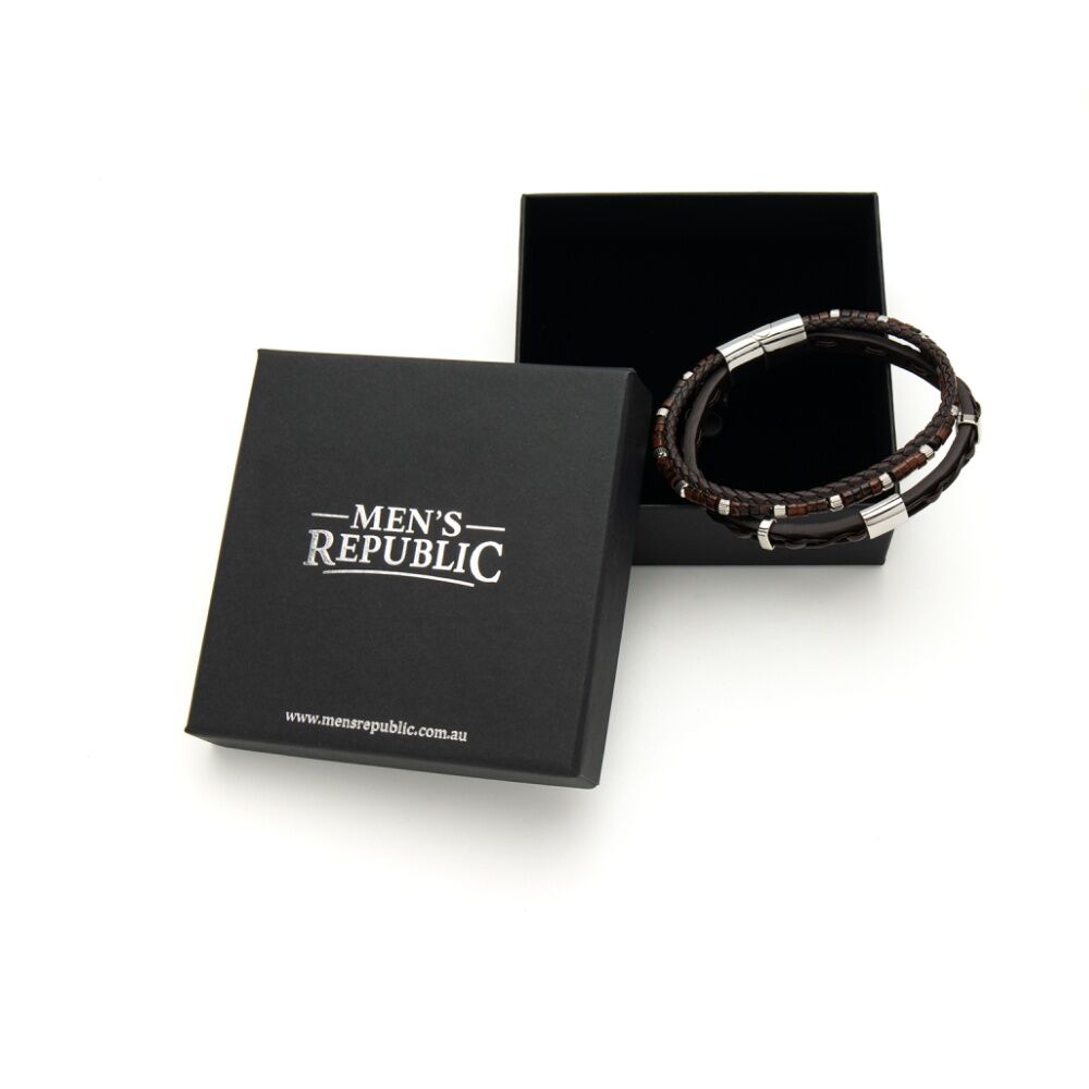 Men's Republic Multi Leather Bracelet With Stainless Steel Modern Layered Design Size 15cm
