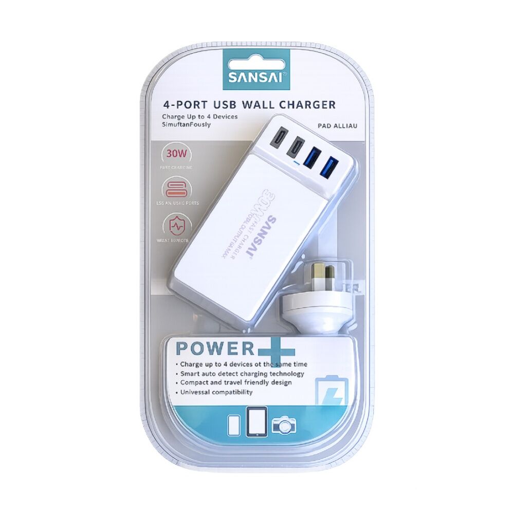 Sansai 4 Port USB a And C Charging Station 30W Total Output 1.5m Top Insert