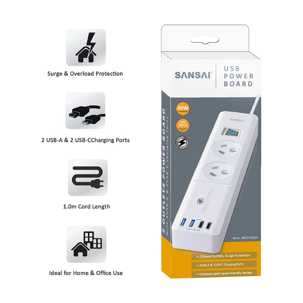Sansai 2 Outlet Powerboard With USB a And C Ports 30W USB Output 1m Cord — image 2