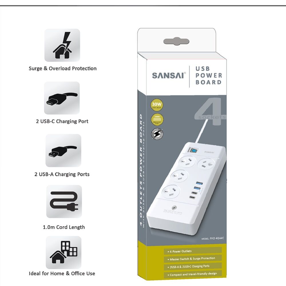 Sansai 4 Outlet Powerboard With USB a And C Ports 30W USB Output 1m Cord — image 2