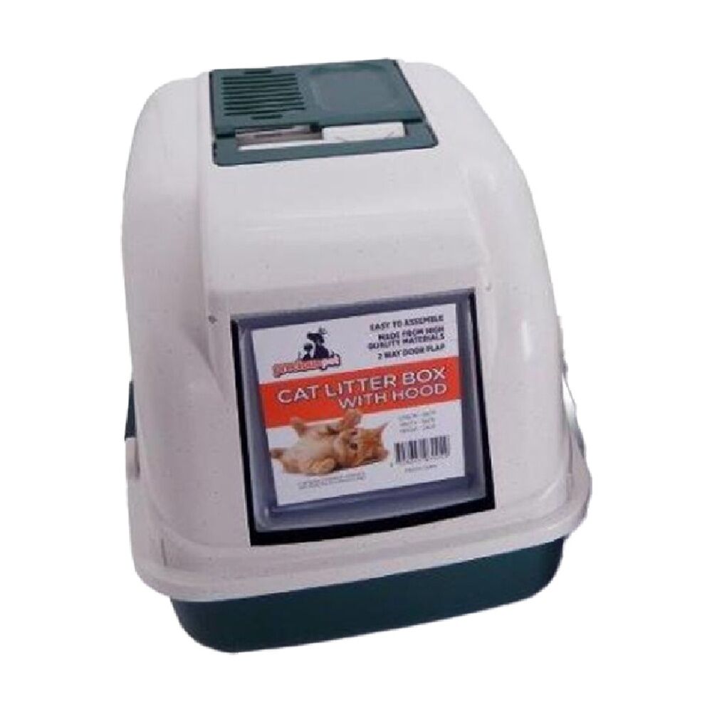 Braz White/Black Plastic Cat Litter Box w/ Hood & Vented Top Front Access