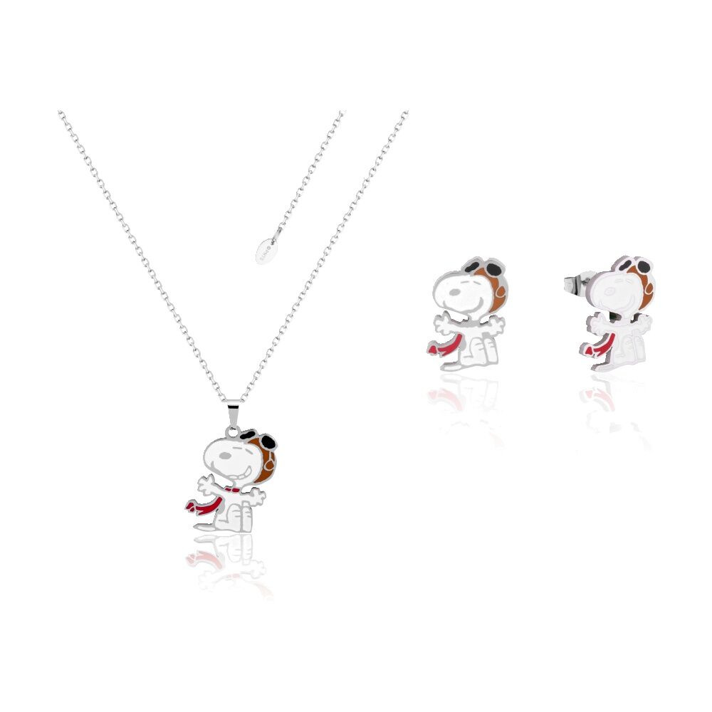 Couture Kingdom Silver Peanuts Snoopy Flying Ace Stud Earrings & Necklace