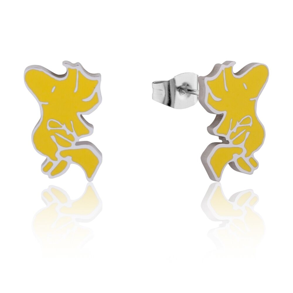 Couture Kingdom Peanuts Woodstock Stud Earrings Hypoallergenic Stainless Steel 15mm Silver Finish With Yellow Enamel Includes Earring Card -