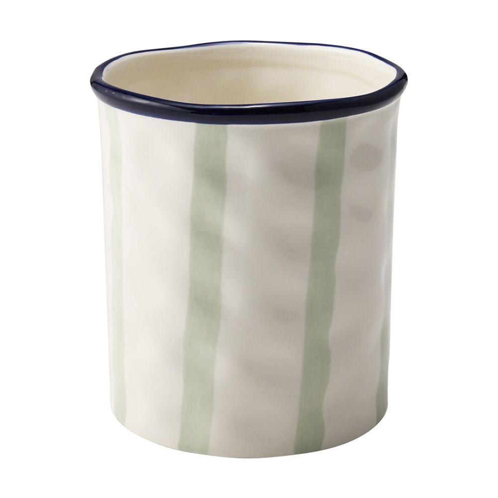 Porto 16.5x15cm Sable Kitchen Utensil Holder White & Sage Green Stripe