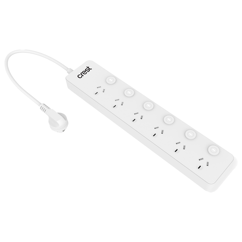 Crest 6 Socket Switched Surge Protection Power Board AU/NZ Plug White 1m Crest