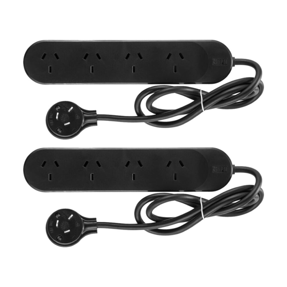 HPM 2400W 4 Outlet Powerboard 0.9M Lead Black Power Cord (2 Pack)