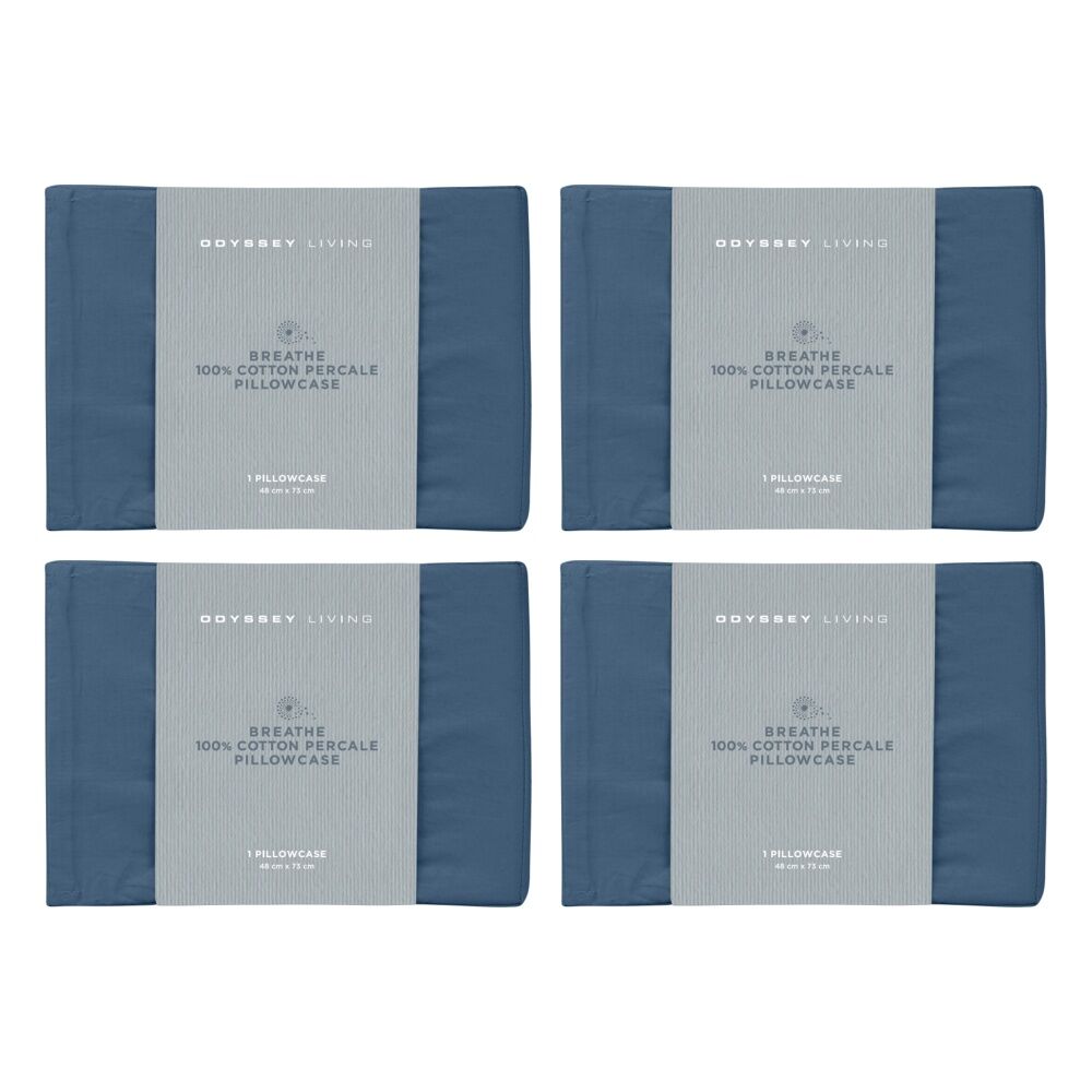 Odyssey Living Breathe Cotton Standard Pillowcase 48cm x 73cm Marine Blue (4 Pack)