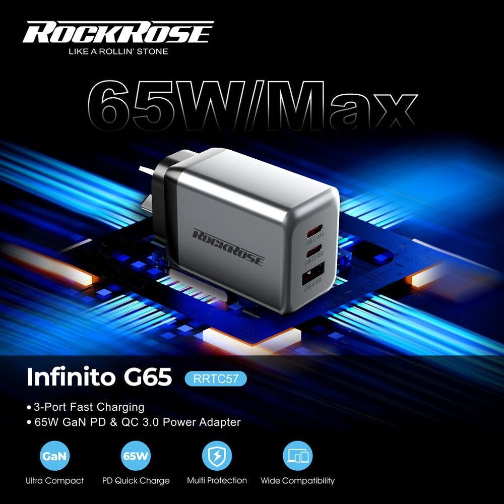 Rockrose RRTC57 Infinito G65 3-Port Fast Charging 65W GaN PD QC 3.0 Power Adapter - Ultra Compact Multi-Protection - Space Grey Color Only 1 Title — image 3