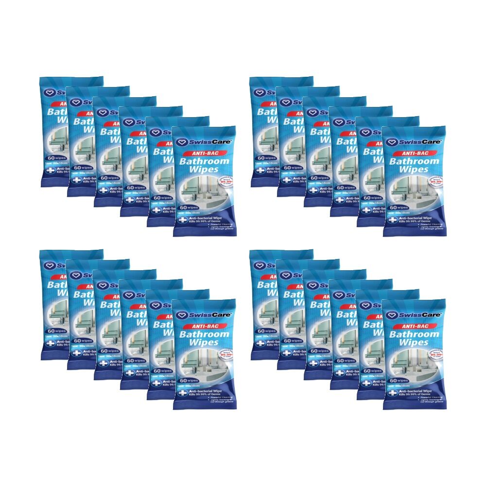 Swisscare 60pc Swisscare Antibacterial Bathroom Cleaning Wipes 20x18cm (24 Pack)