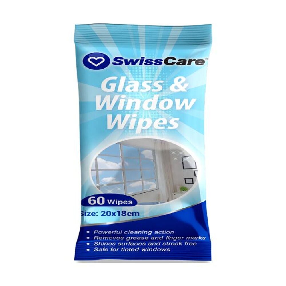 Swisscare Glass Wipes 60pcs - Window Cleaning - Glass Cleaner - Tinted Window Safe - Removes Grease And Finger Marks - Cleaning Wipes Pack - Wipe