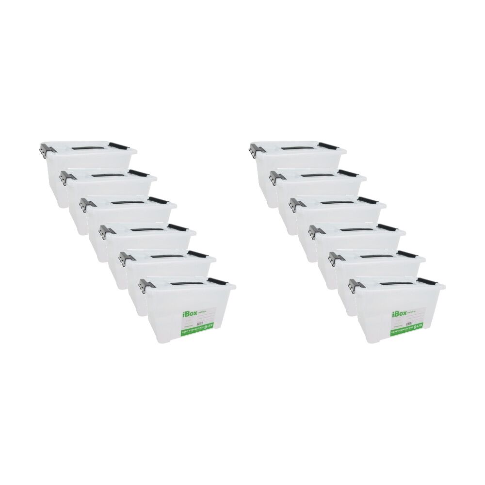 Ibox Deep Storer White Plastic Storage Box w/ Handle Clips 32x22x18cm 9L (12 Pack)