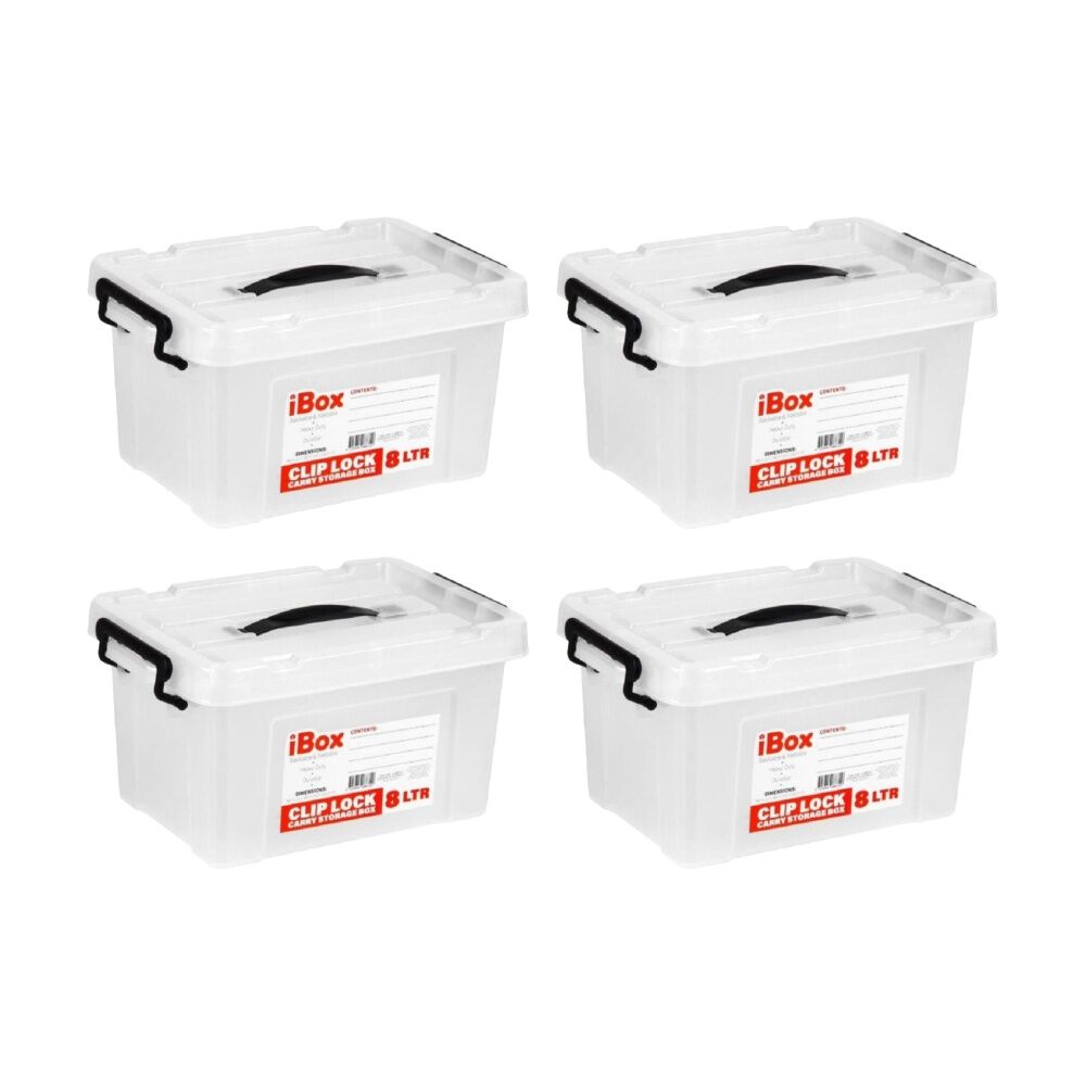 Ibox Plastic Storage Container Box w/ Clip Lock Lid & Handle 8L Clear Assrtd (4 Pack)