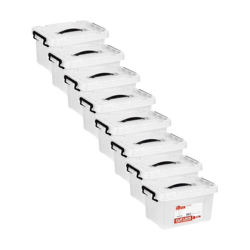 Ibox Plastic Storage Container Box w/ Clip Lock Lid & Handle 8L Clear Assrtd (8 Pack)