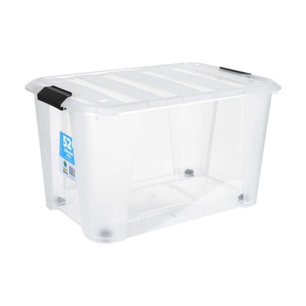 Store More 52L Clear Plastic Storage Rolling Container Box w/ Lid Lock Clips